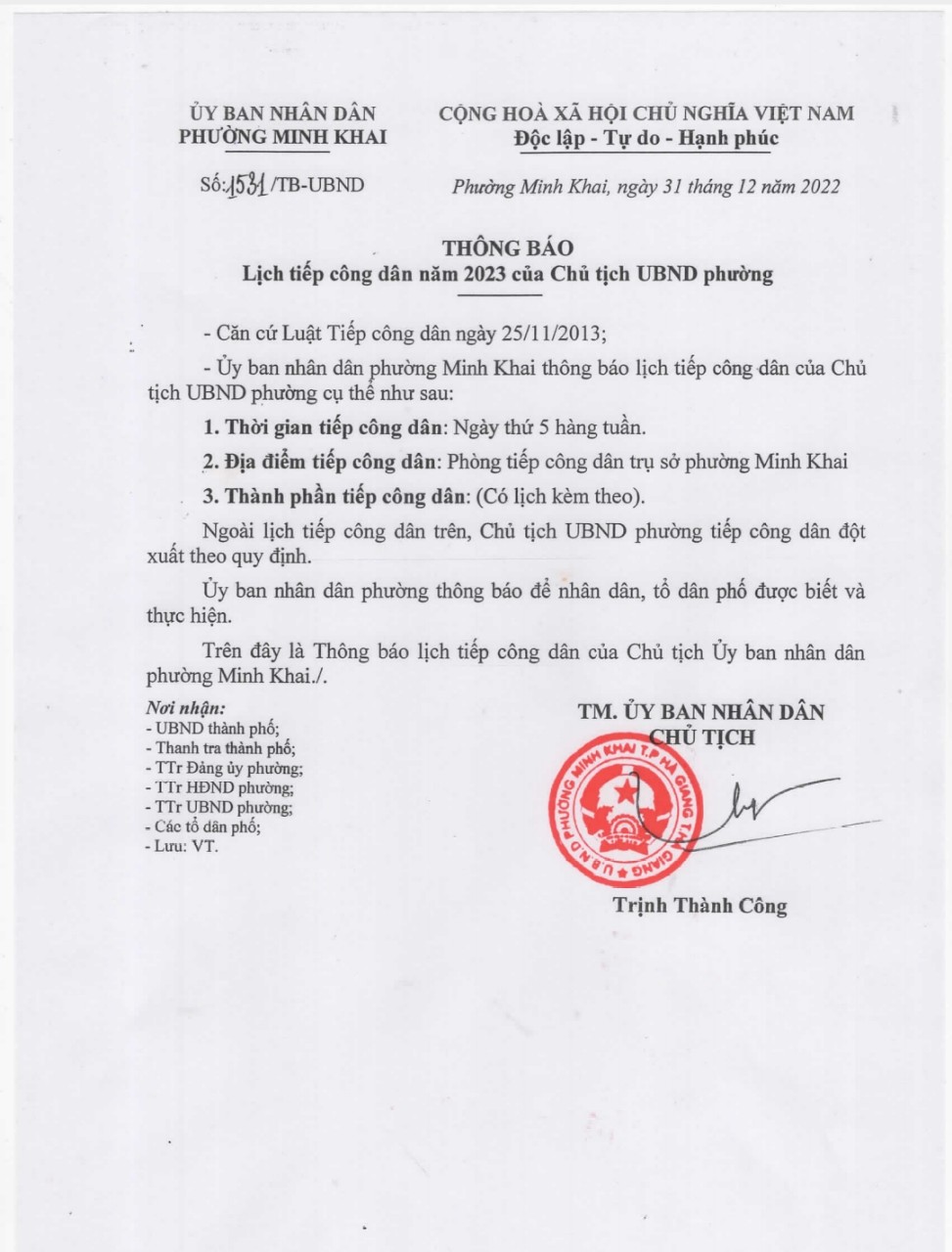 Lịch tiếp công dân năm 2023 của Chủ tịch UBND phường Minh Khai